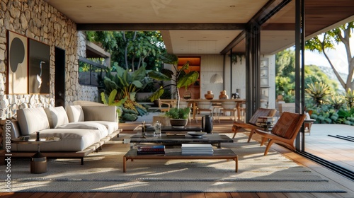 Modern interior with furniture  house terrace and living room.