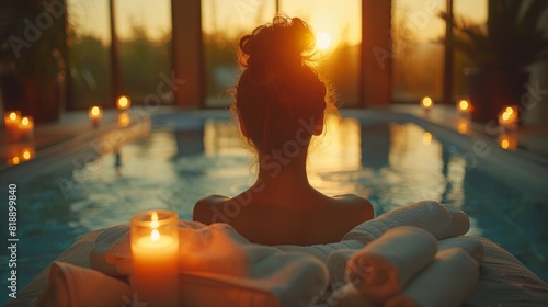 An anti-stress spa treatment with beauty skin recreation in an ambient salon spa setting at a luxury resort or hotel is being enjoyed by a white female client.