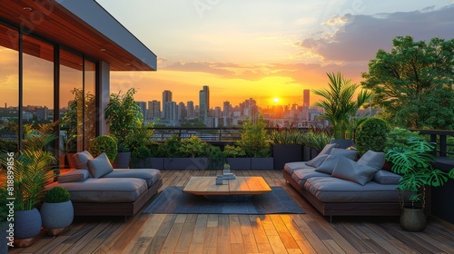 Enjoy a sunset from a luxurious rooftop terrace with modern outdoor furniture over looking a stunning urban skyline.