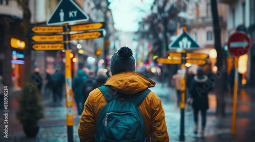 The image shows a person walking down a busy street with a backpack on and a beanie