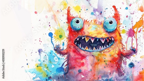Cheerful watercolor painting of a cute candy monster with bright and playful colors