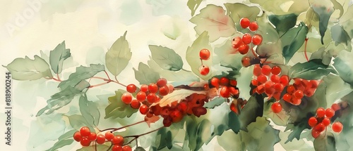 Watercolor landscape with leaves and red berries