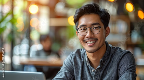 The human resource manager hires a male employee in the office, sitting in the room with a smile. Happy candidate passing the interviewing process. Asian labor hiring concept. photo