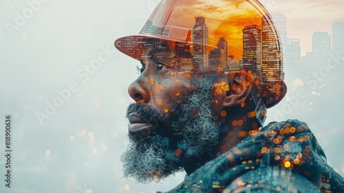 In this double exposure, engineers wear safety helmets as they work on building construction or skyscrapers. In this portrait, architects or interior designers are thinking about the design of