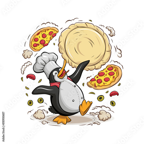 Penguin tossing pizza dough playfully in the air with a fun attitude vector illustration. Generative AI