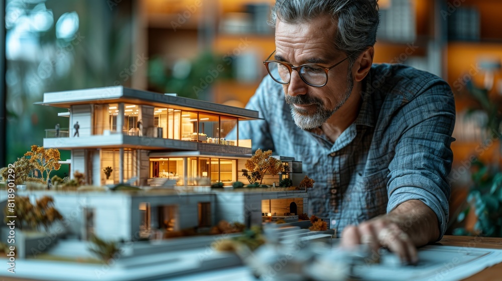 Architects looking at blueprints, house models, Architectural equipment
