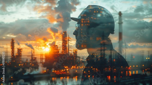 Double exposure of a man on a graphic interface of a factory. An example of modern industry technology. photo