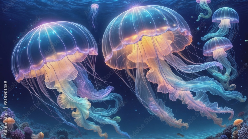クラゲが泳ぐ美しい深海の風景 Stock Illustration | Adobe Stock