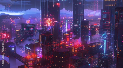 A futuristic cityscape with digital payment interfaces and blockchain symbols.