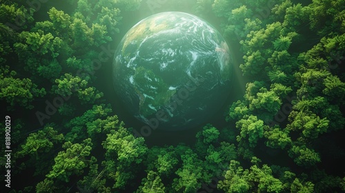 World Environment Day. Aerial top view green forest with globe earth