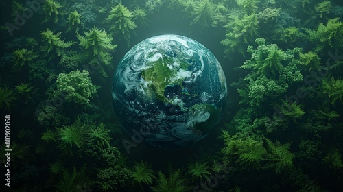 World Environment Day. Aerial top view green forest with globe earth