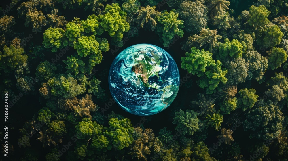 World Environment Day. Aerial top view green forest with globe earth World Environment Day. Aerial top view green forest with globe earth