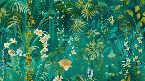  A vibrant painting showcases lush tropical plants and bright flowers against a serene green backdrop, with vivid white and yellow blooms occupying the focal point
