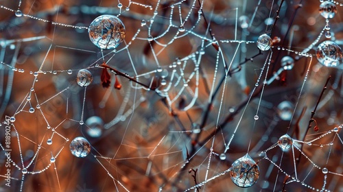   A sharp image of a spider web with water droplets and a fuzzy tree background