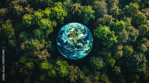 World Environment Day. Aerial top view green forest with globe earth © megavectors