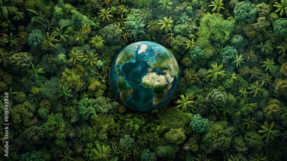 World Environment Day. Aerial top view green forest with globe earth World Environment Day. Aerial top view green forest with globe earth