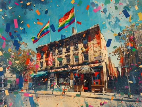 Artistic rendering of the Stonewall Inn, a historic symbol of the LGBTQ+ rights movement, surrounded by rainbow-colored flags and confetti, blending with a vintage poster art style. photo