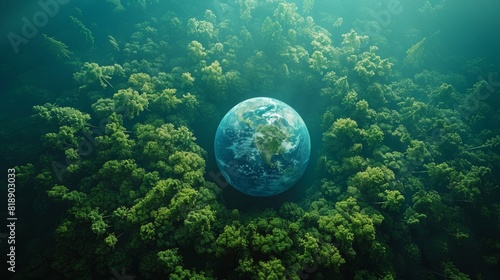 World Environment Day. Aerial top view green forest with globe earth