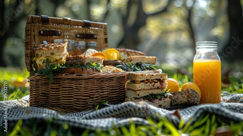 On the grass, a picnic basket filled with sandwiches, lemons, and juice is placed. The ingredients are sourced from terrestrial plants and citrus fruits.