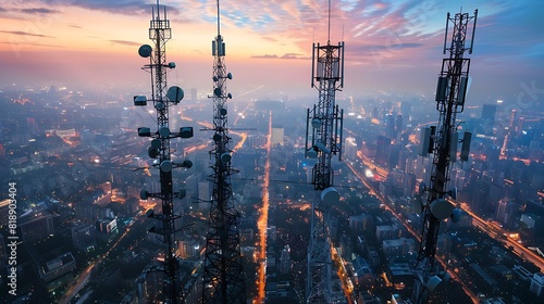 A grid of cell towers covering a city, providing mobile network coverage. photo