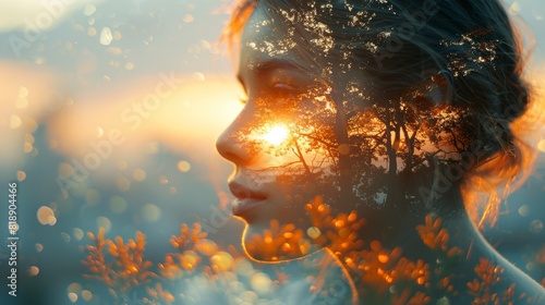 The closeup double exposure picture depicts young adult beautiful female Caucasian and bright beautiful nature in the morning or evening which symbolizes tranquility in life.