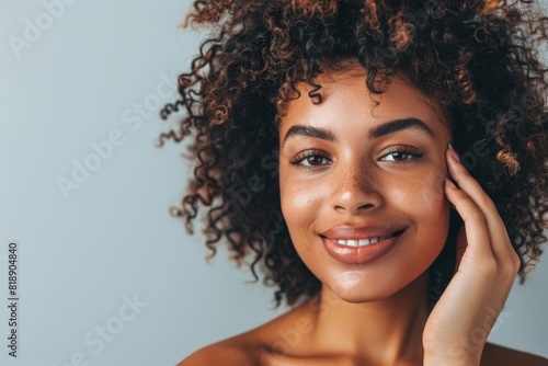 Black woman's hair, beauty, and grin on gray background symbolizing natural health, growth, and shine. Luxury salon, skincare, cheerful girl with makeup, self-care, and face treatment
