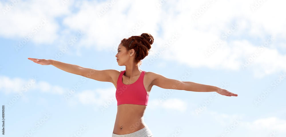 Outdoor, yoga or woman with open arms for health, wellness or body posture in routine or profile. Sky, zen yogi or girl stretching in pilates session for mindfulness, wellbeing or balance to relax Outdoor, yoga or woman with open arms for health, wellness or body posture in routine or profile. Sky, zen yogi or girl stretching in pilates session for mindfulness, wellbeing or balance to relax
