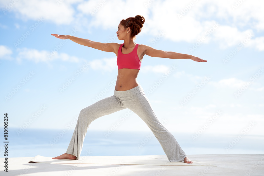 Fitness, exercise and woman on blue sky with yoga, ocean and mindfulness for outdoor body care. Peace, calm and girl stretching for pilates with health, wellness and workout with balance, zen and sea Fitness, exercise and woman on blue sky with yoga, ocean and mindfulness for outdoor body care. Peace, calm and girl stretching for pilates with health, wellness and workout with balance, zen and sea