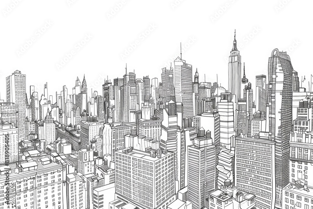 City skyline sketch featuring an array of urban buildings, high-rises, and architectural structures with detailed line art