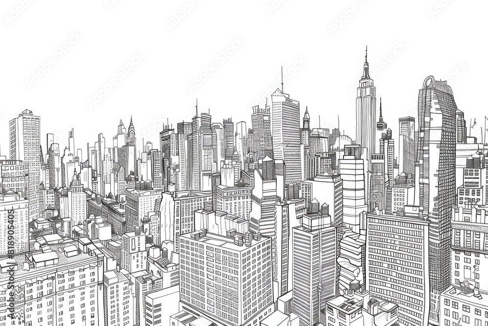 City skyline sketch featuring an array of urban buildings, high-rises, and architectural structures with detailed line art City skyline sketch featuring an array of urban buildings, high-rises, and architectural structures with detailed line art