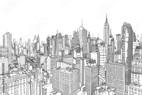 City skyline sketch featuring an array of urban buildings, high-rises, and architectural structures with detailed line art