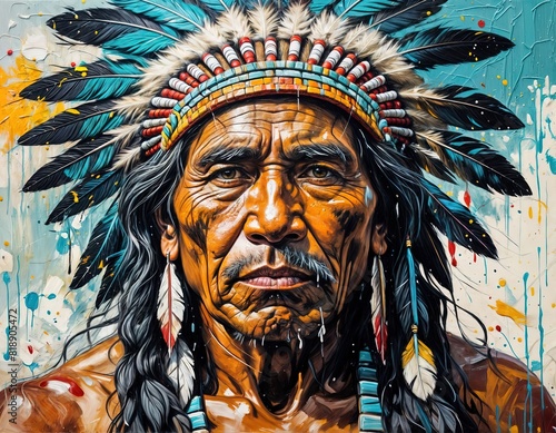 Impasto oil painting of elderly native American man