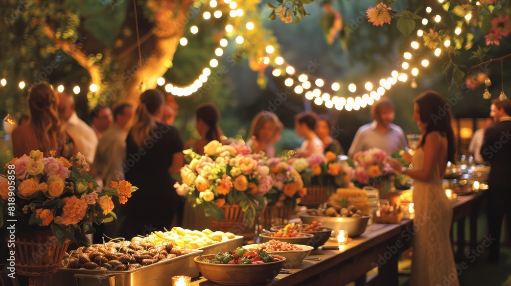 Garden Party: Depict an elegant garden party with guests dressed in summer attire, mingling under twinkling fairy lights. The setting includes beautifully arranged tables with floral centerpieces, a b