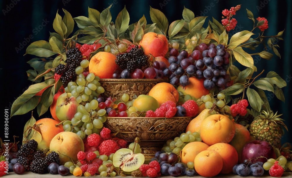 A sophisticated and elegant fruit composition, featuring a variety of exotic fruits and intricate details, rendered in a realistic and painterly style.