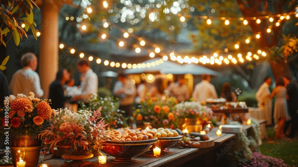 Garden Party: Depict an elegant garden party with guests dressed in summer attire, mingling under twinkling fairy lights. The setting includes beautifully arranged tables with floral centerpieces, a b