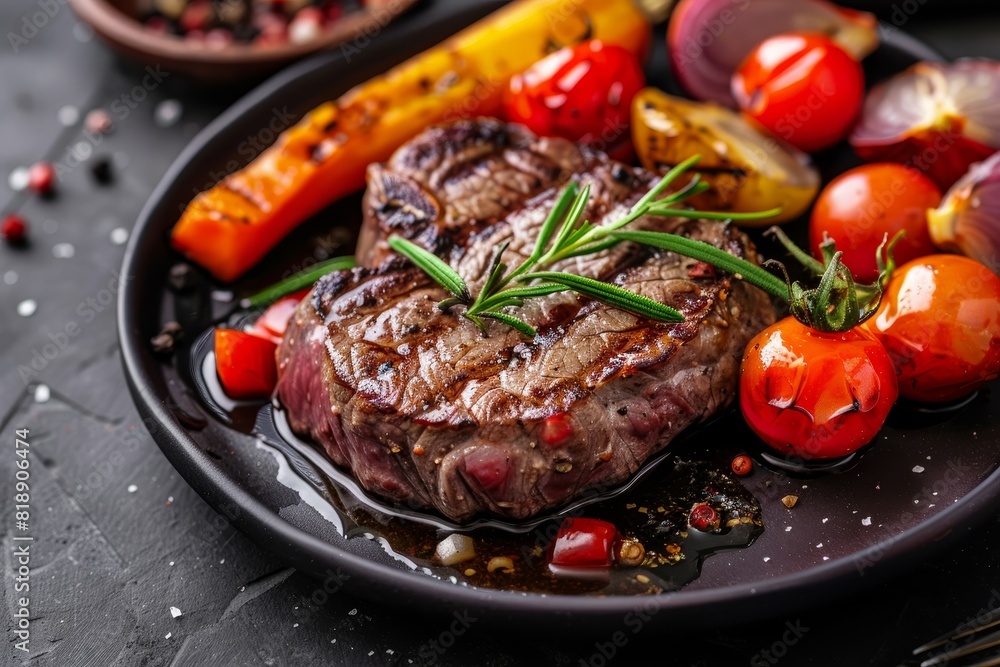 Delicious grilled fillet steak with fresh tomatoes and roast vegetables served on a plate