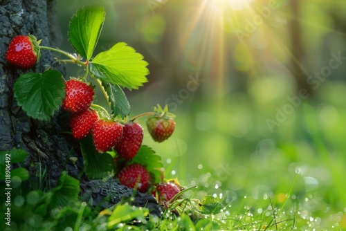 Salmonberries and boysenberries grow on a plant in the grass photo