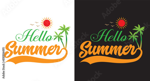 Summer t shirt design. Hello summer t shirt, Sunset, sunrise t shirt. Landscape, Typography, svg, California t shirt, Beach, summer logo design. Vector illustration. 
