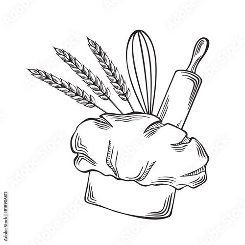 Chefs hat, baking tools and wheat ears. Professional uniform headdress. Vector illustration linear, isolated. Kitchenware for cooking job Template for wrapping, cookbook, menu, showcase, app, website