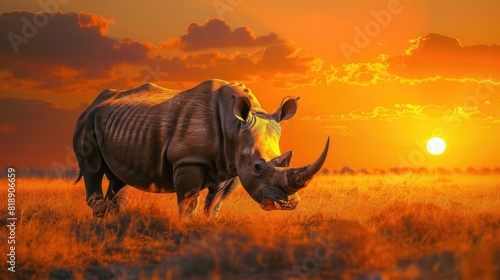 Close up image of a rhino in the African savanna during a safari at a beautiful sunset.