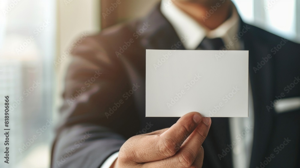 Close up of businessman hand holding blank advertising card, mock up Close up of businessman hand holding blank advertising card, mock up