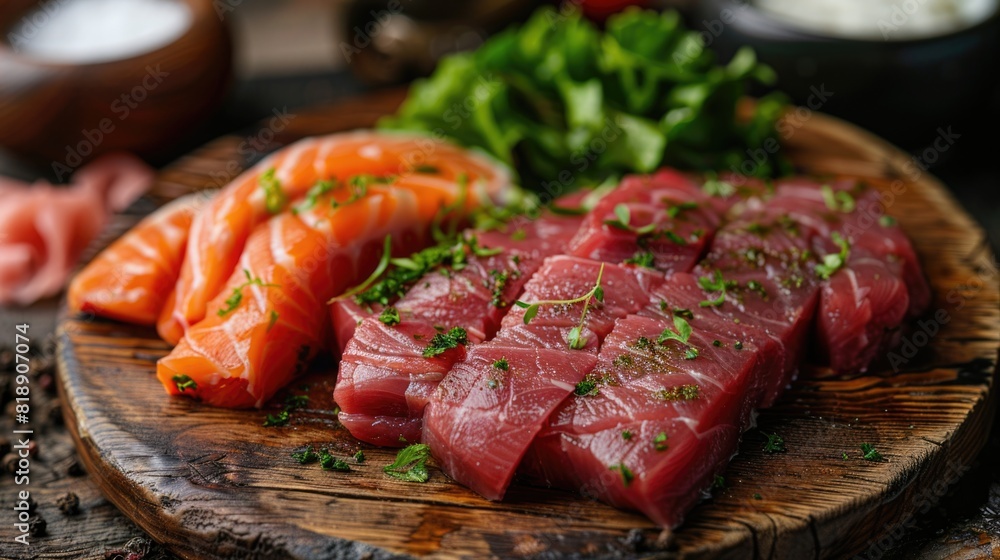 Close up of Fresh raw Amaebi fillet steak and sashimi on wooden board background, delicious food for dinner, healthy food, ingredients for cooking Close up of Fresh raw Amaebi fillet steak and sashimi on wooden board background, delicious food for dinner, healthy food, ingredients for cooking