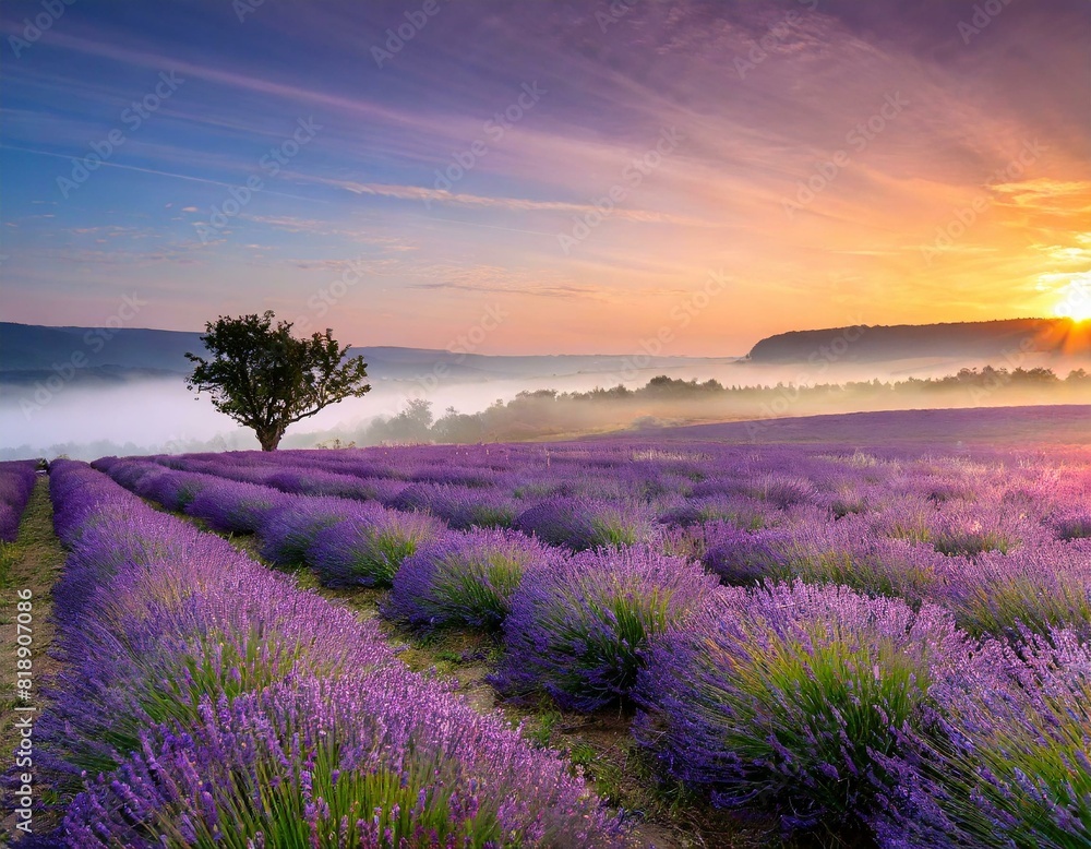 Fototapeta premium Lavender field at sunrise with mist and fog