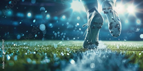 Close up of football player leg action in running game at football stadium arena for match with spotlight