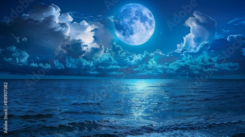 Tranquil full moon shining brightly over the calm waters of the peaceful sea at night