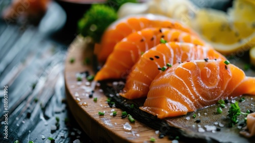 Close up of Fresh raw Salmon fillet steak and sashimi on wooden board background, delicious food for dinner, healthy food, ingredients for cooking