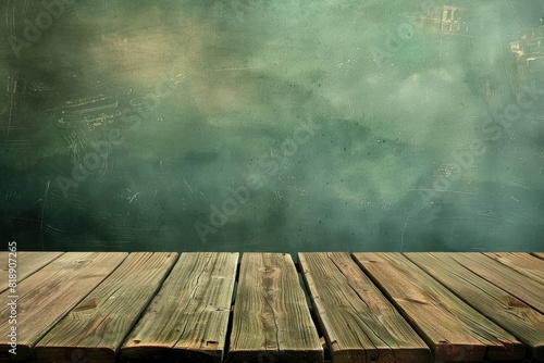 Wooden deck table on green grunge background - Generative Ai