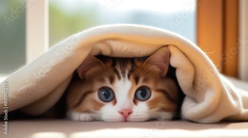 cat hiding under blanket