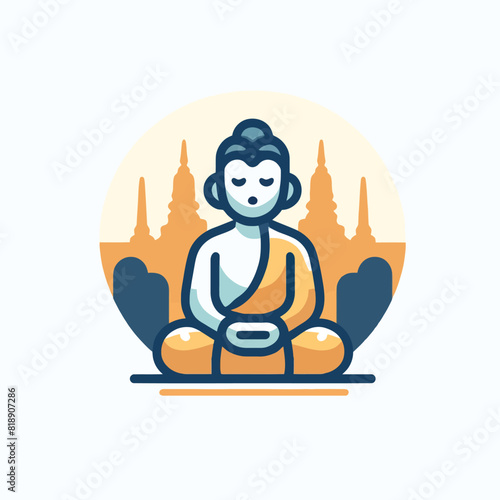 cartoon of Buddha with the silhouette of a temple in the background