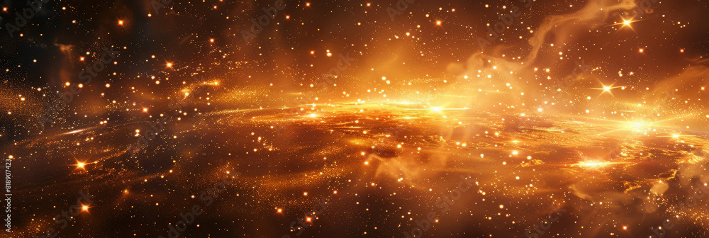 An explosion of golden light , Golden particles with ray on dark Background. Abstract golden background with starburst.